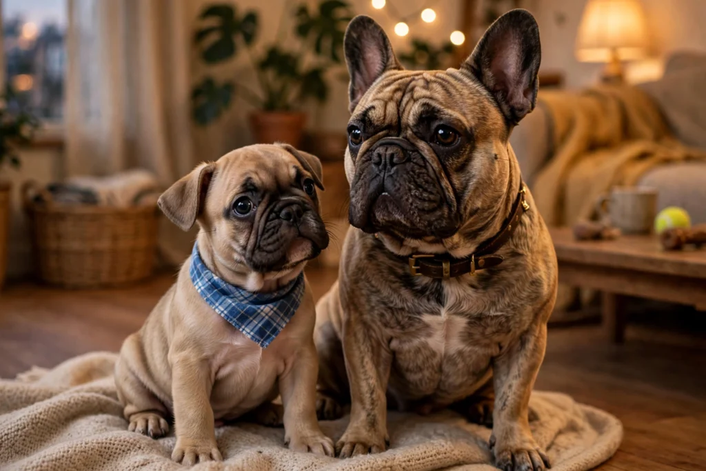 French Bulldog puppy next to an adult — pet insurance costs rise with age