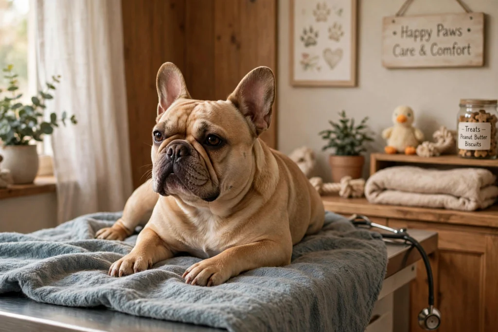 French Bulldog at a vet checkup — breed health problems drive vet bills