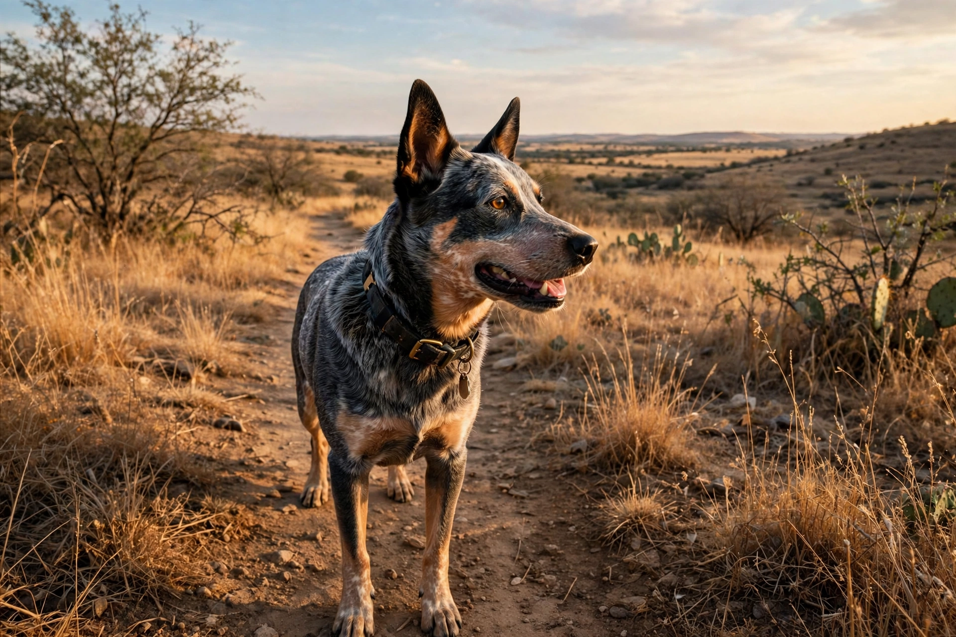 Dog outdoors on a Texas trail — heat and rattlesnake risks raise pet insurance costs